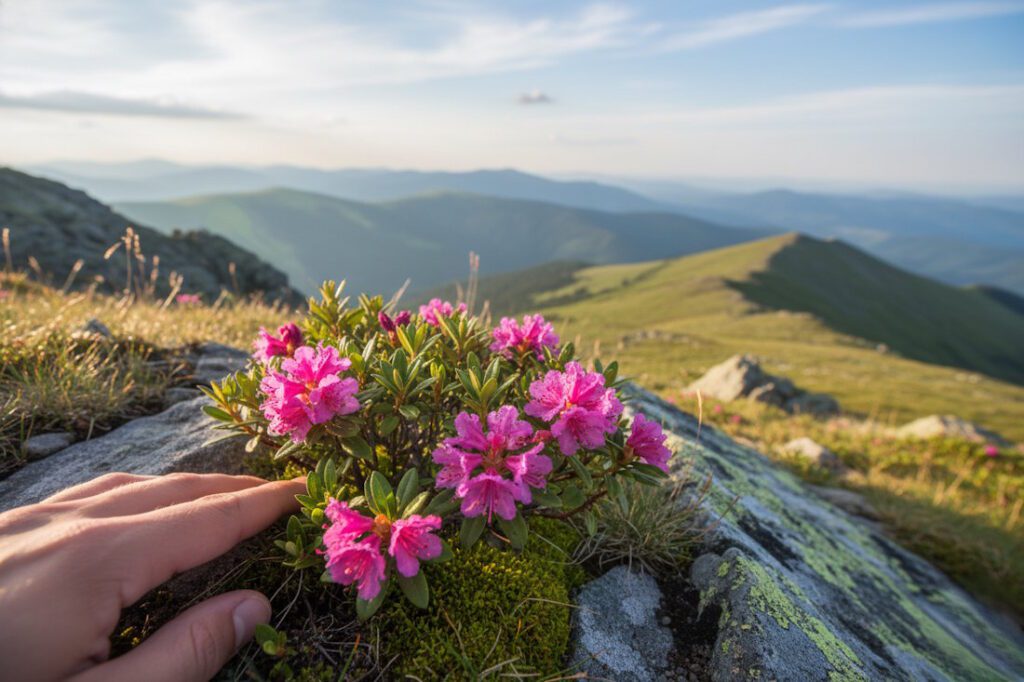 Рука торкається рожевих гірських квітів на тлі карпатських вершин