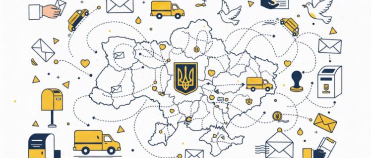 Ілюстрація з мапою України та поштовими елементами, що символізує роботу Укрпошти