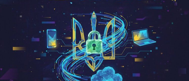 Зображення з тризубом, замком і цифровими елементами