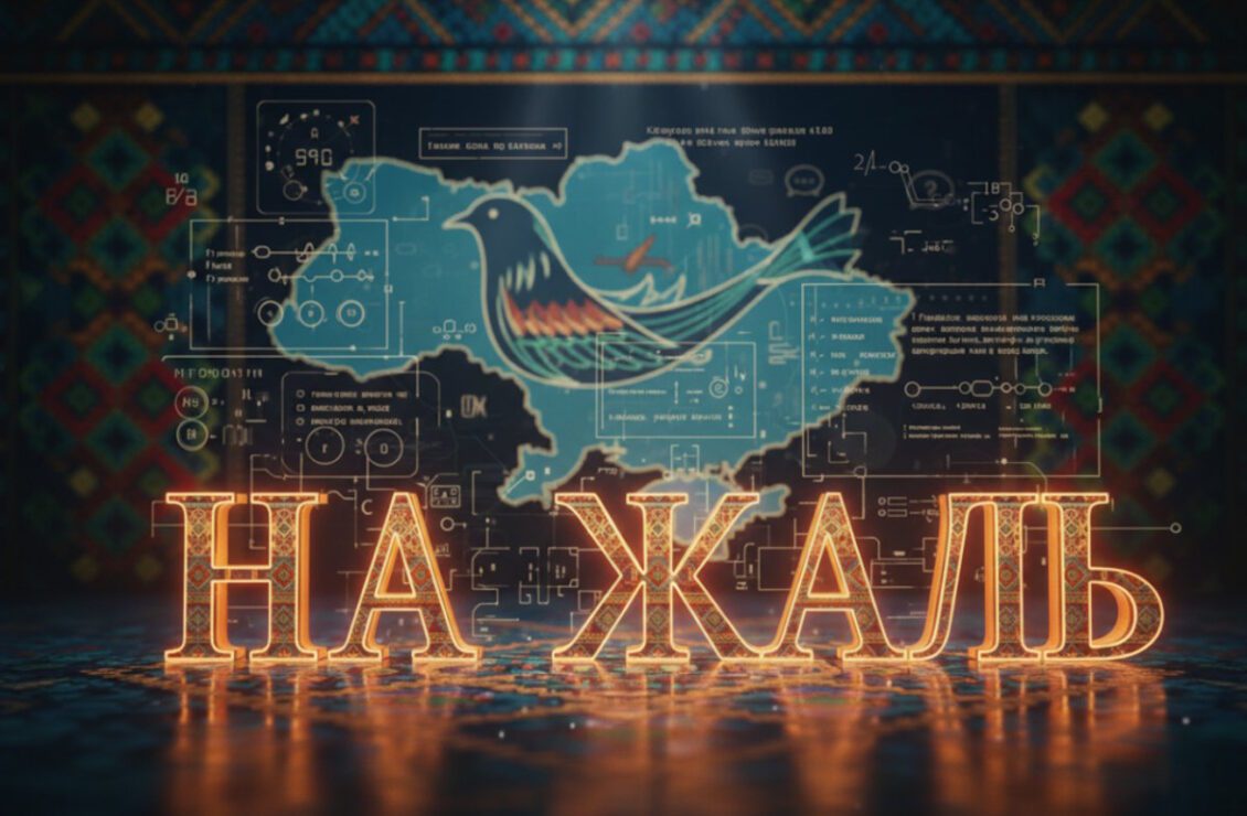 Напис НА ЖАЛЬ на фоні карти України з птахом і технічною графікою