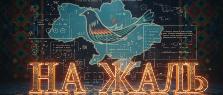 Напис НА ЖАЛЬ на фоні карти України з птахом і технічною графікою