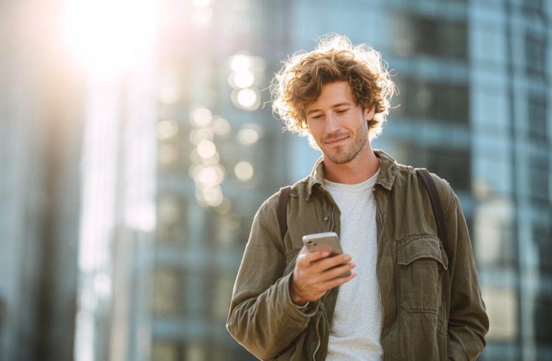 Молодий чоловік читає повідомлення на смартфоні