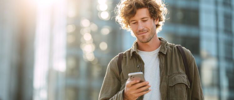 Молодий чоловік читає повідомлення на смартфоні