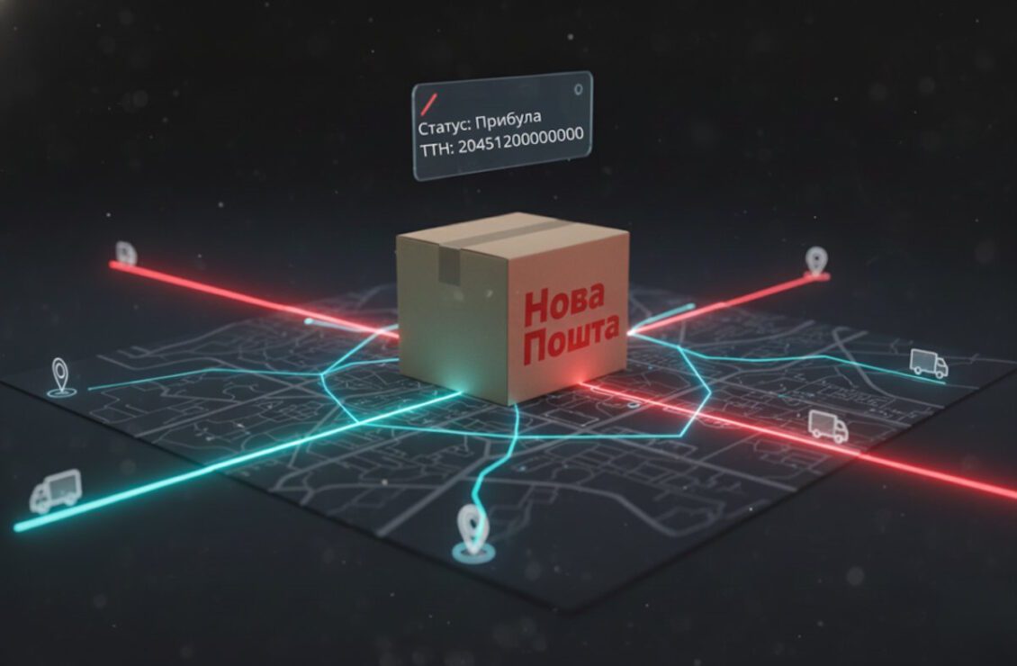 Темна ілюстрація з коробкою Нова Пошта в центрі та лініями руху по мапі