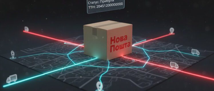 Темна ілюстрація з коробкою Нова Пошта в центрі та лініями руху по мапі