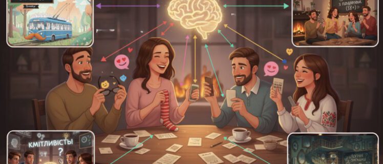 Дорослі весело розгадують загадки за столом