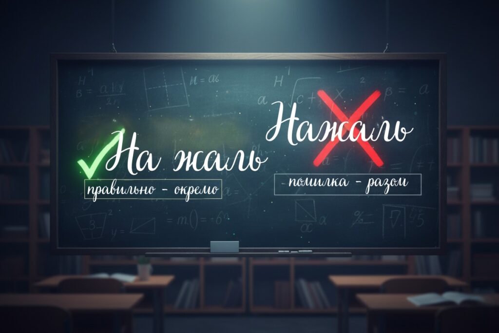 Дошка з написами На жаль – правильно, окремо; Нажаль – помилка, разом