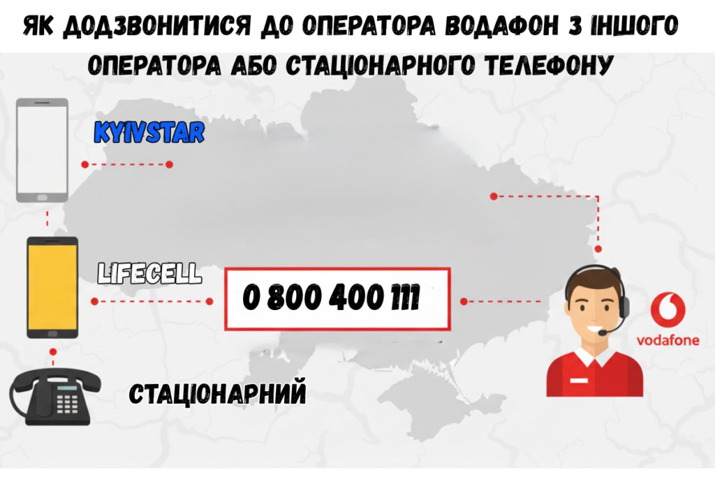 Схематичне зображення як подзвонити на водафон з Київстар, Lifecell або стаціонарного телефону