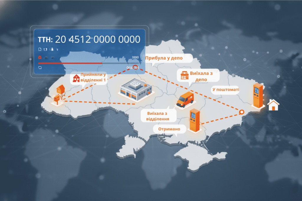 Схематична карта України з маршрутом доставки Нової Пошти