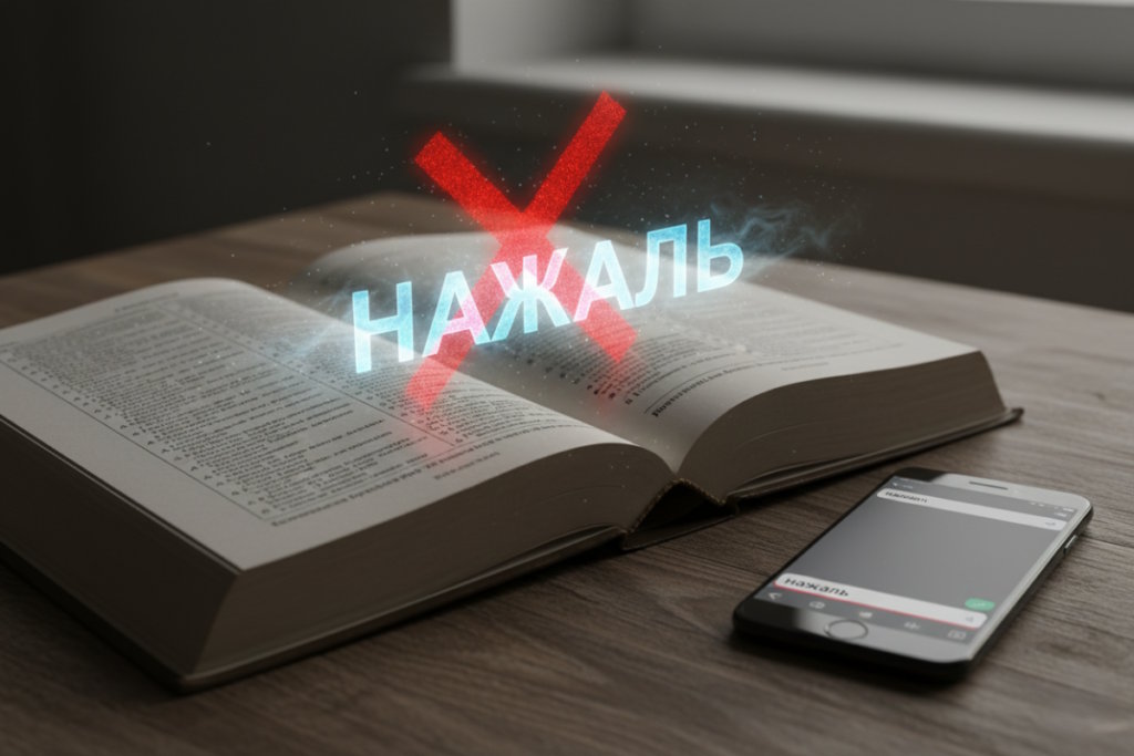 Слово “Нажаль” перекреслене червоним хрестом над орфографічним словником