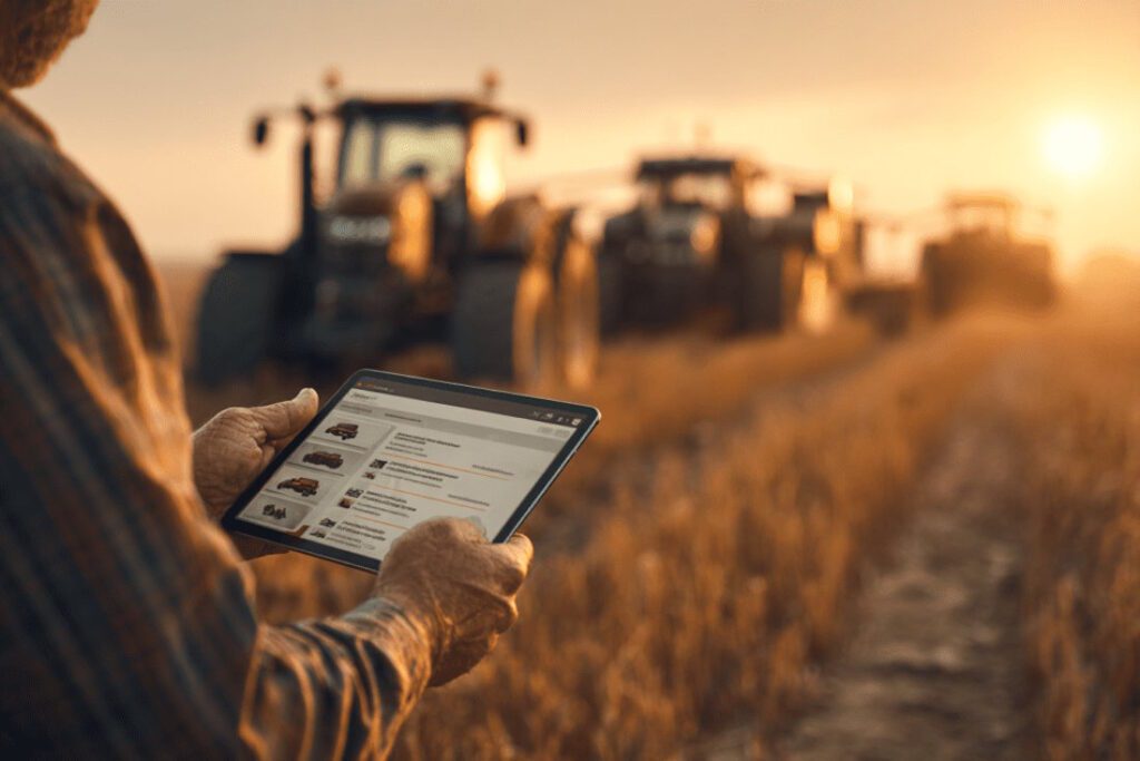 Фермер на заході сонця переглядає техніку на Agro.RIA