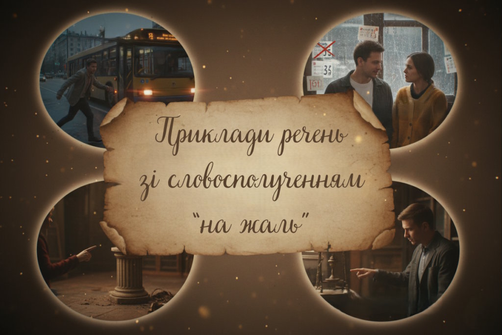 Зображення з написом “Приклади речень зі словосполученням на жаль” на тлі старого пергаменту