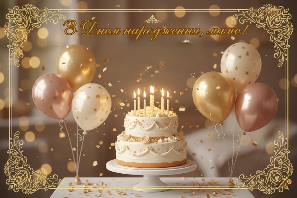 Святкова листівка для мами з тортом, кульками й золотим декором