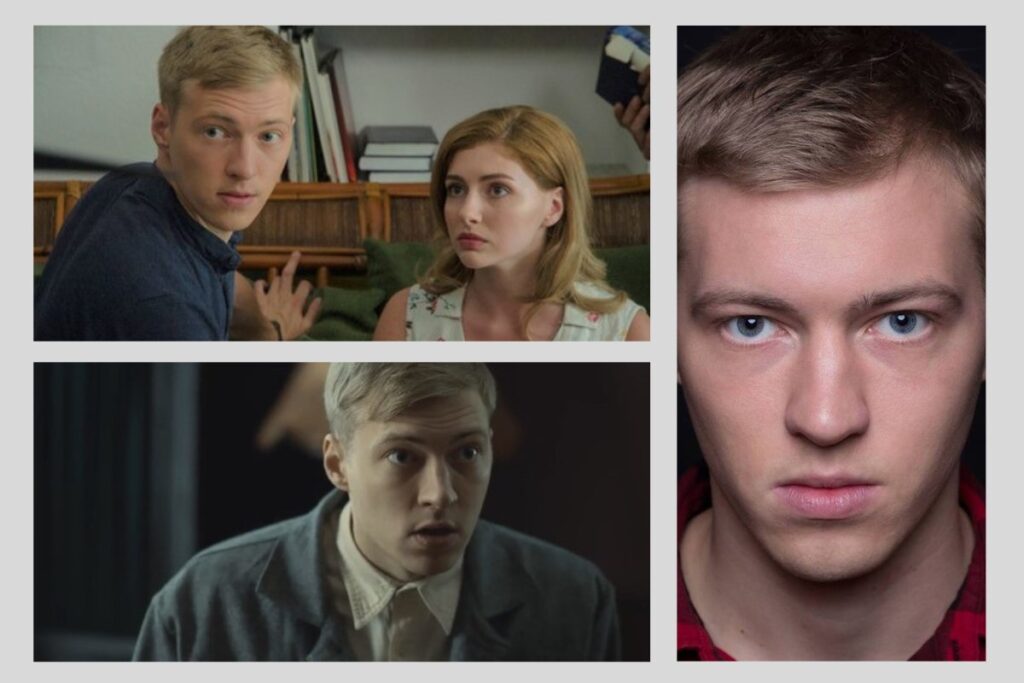 Колаж із драматичних сцен і портрет крупним планом актора Григорія Бакланова