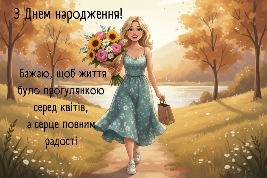 Ілюстрація усміхненої жінки з букетом і побажанням радості посеред квітів