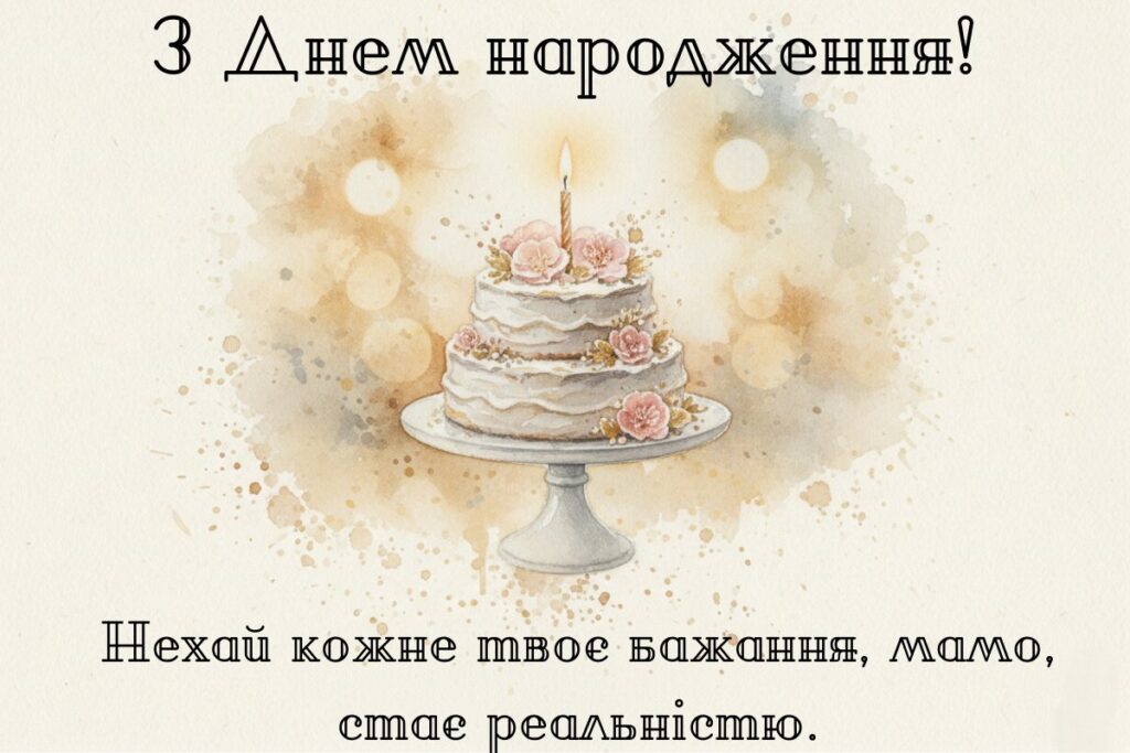 Зображення святкового торта зі свічкою та рожевими квітами на світлому фоні