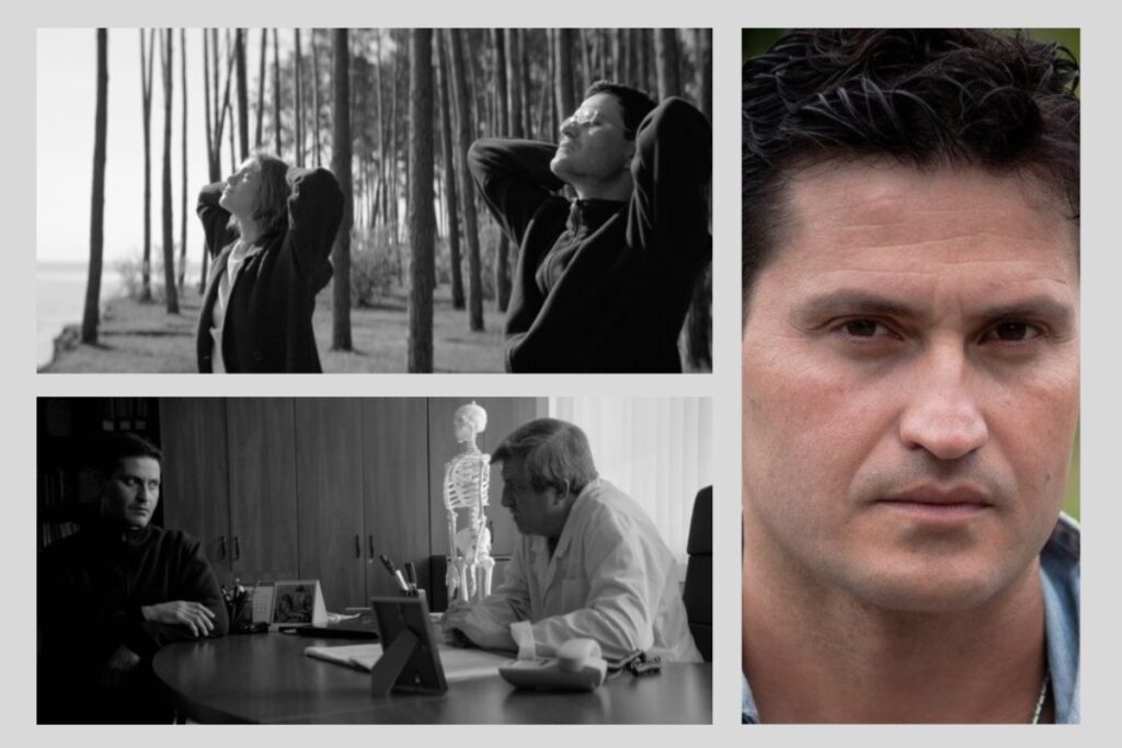 Колаж із чорно-білими кадрами з українського кіно і портретом актора Ахтема Сеітаблаєва