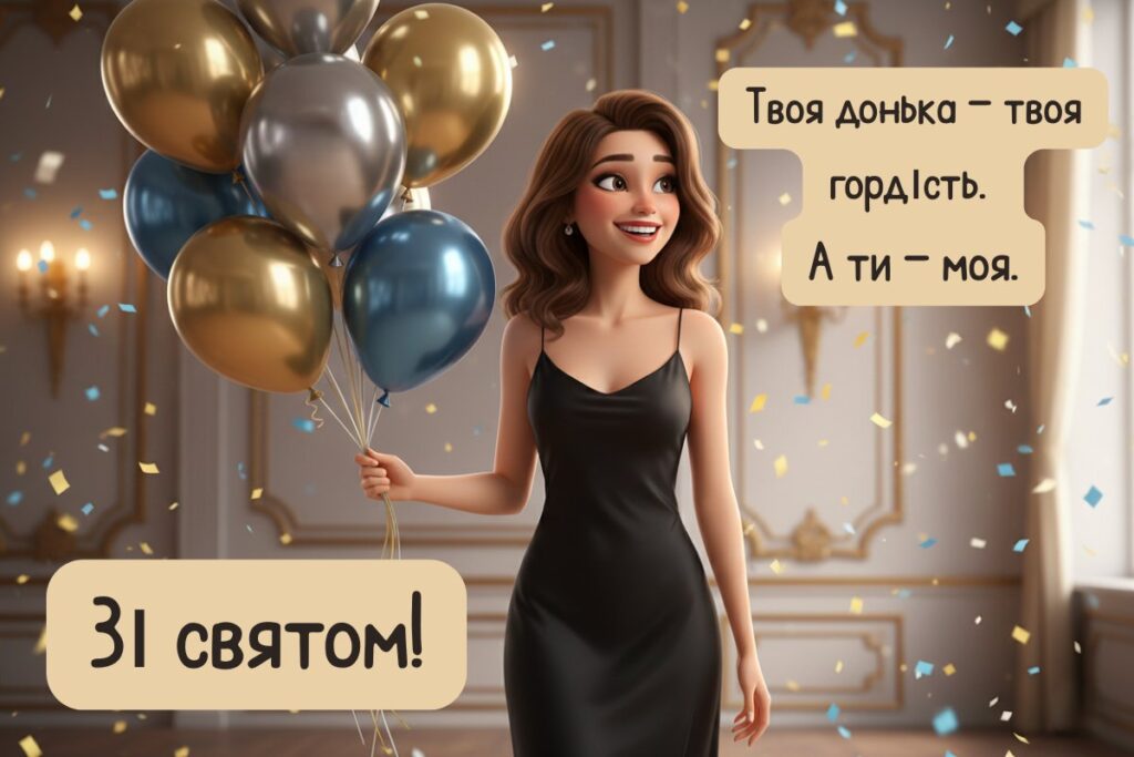 Донька з кульками на святі з теплим написом для тата