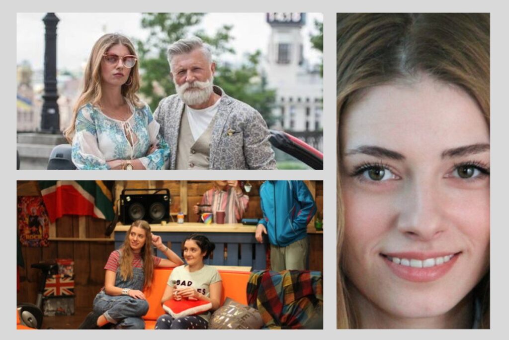 Колаж із кадрами з українських серіалів і портретом акторки Дар’ї Петрожицької