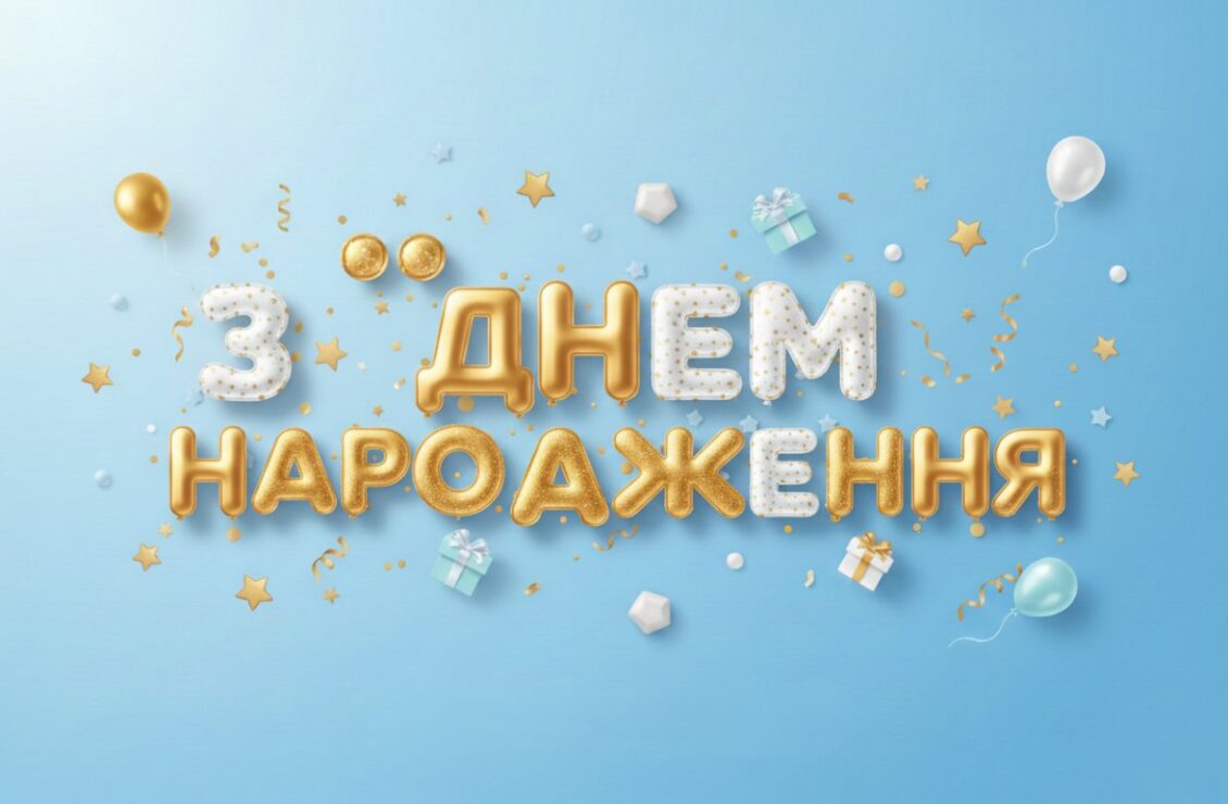 Об’ємні золоті літери й святкові кульки на листівці з написом З Днем народження