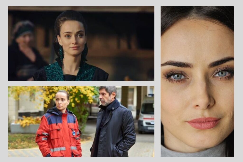 Колаж із кадрами з українських серіалів і портретом акторки Ксенії Мішиної