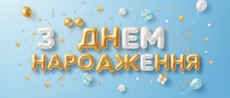 Об’ємні золоті літери й святкові кульки на листівці з написом З Днем народження
