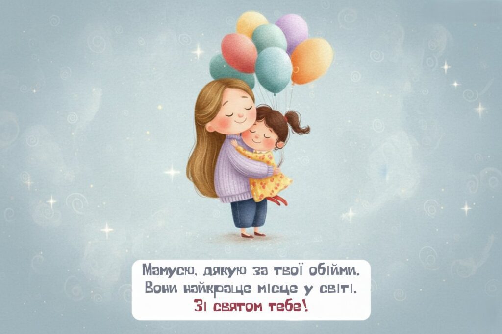 Малюнок, де дитина обіймає маму, з теплими словами-привітанням