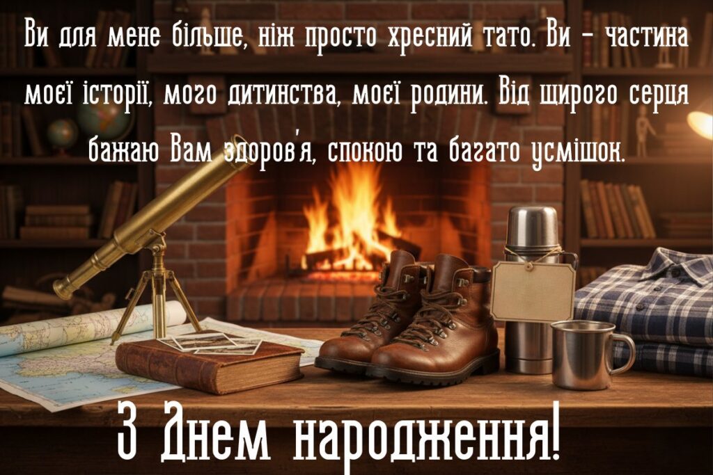 Святкова листівка з каміном, черевиками й привітанням