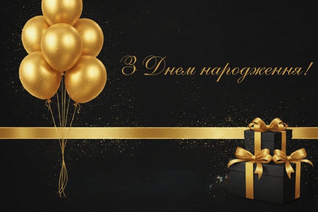 Вишукане привітання з днем народження на чорному тлі зі святковими деталями