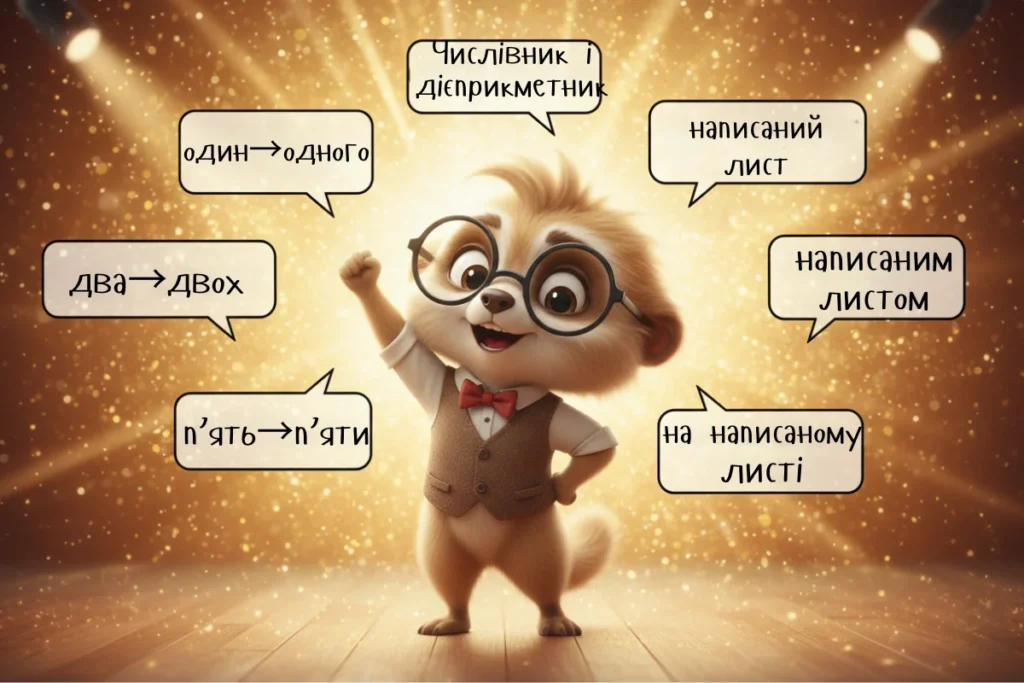 Приклад відмінювання числівників і дієприкметників у мовних бульбашках