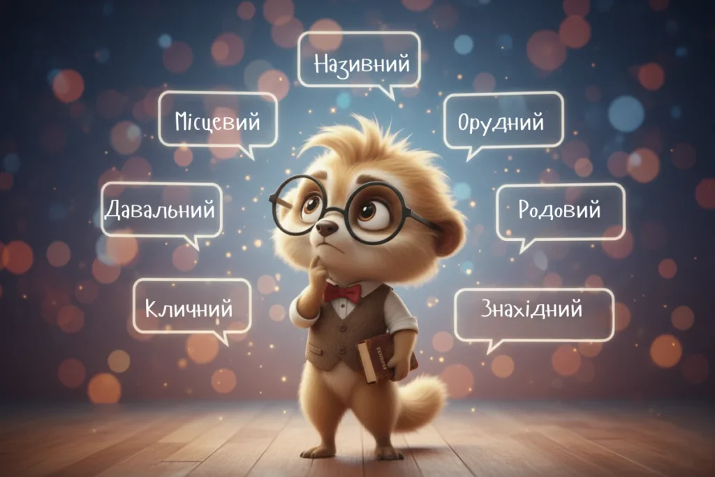 Персонаж думає про різні відмінки в українській мові
