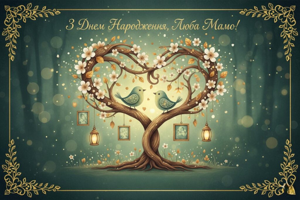 Казкова листівка з деревом у формі серця та побажанням мамі