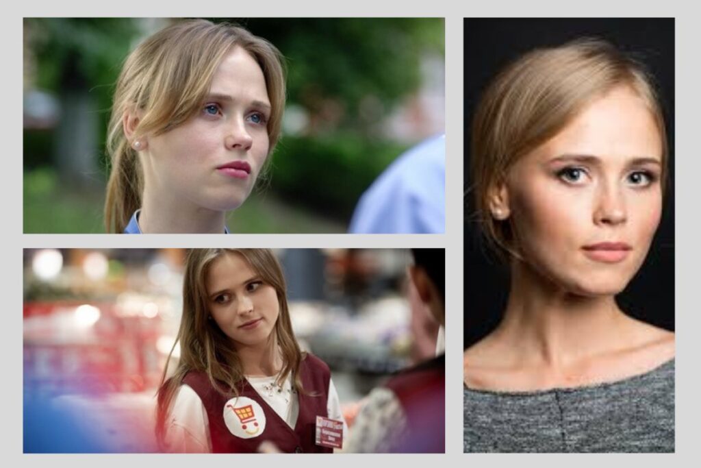 Колаж із кадрами з українських серіалів і портретом акторки Анни Кошмал