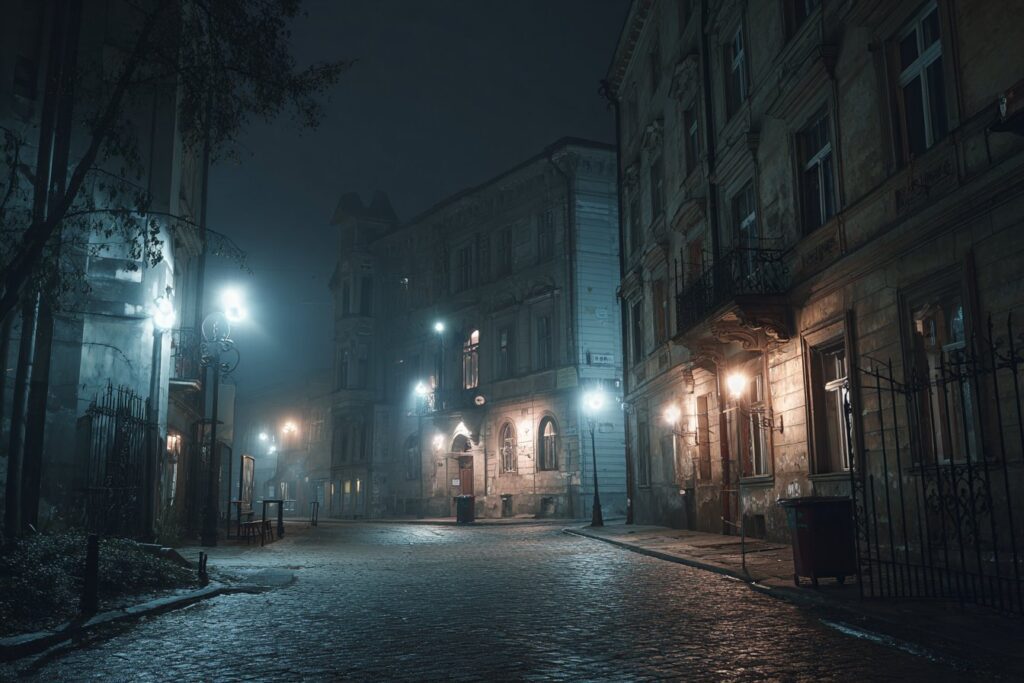 Нічна тиха вулиця в центрі міста без людей