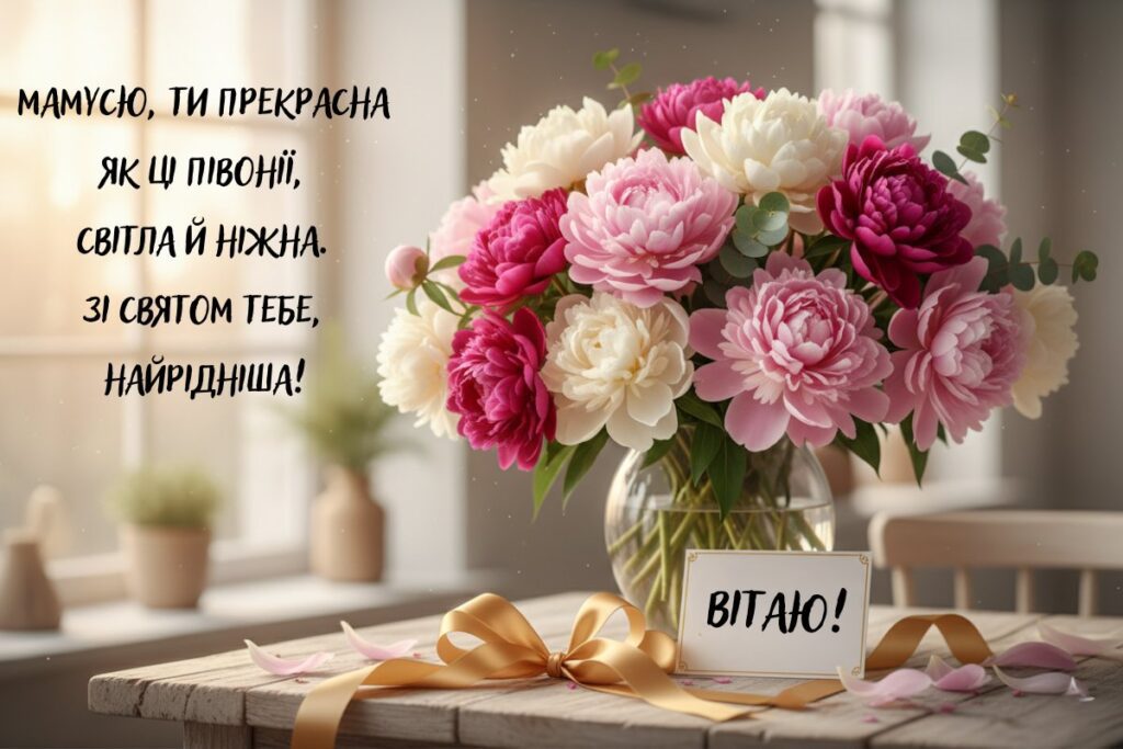 Жива листівка з букетом півоній і теплими словами для мами