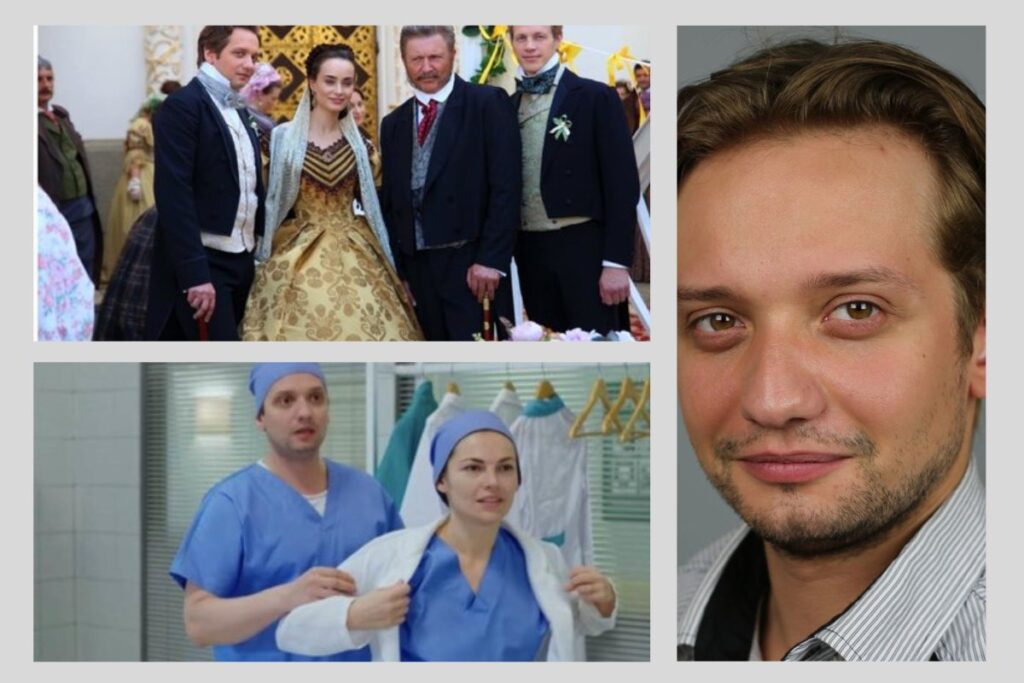 Колаж із кадрами Марка Дробота в серіалах, доповнений його портретом