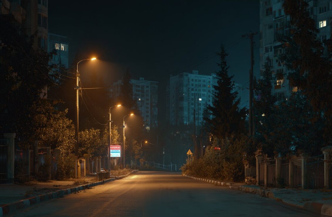 Порожня вулиця українського міста вночі під час комендантської години