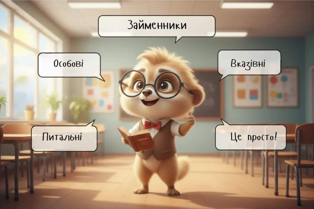 Персонаж пояснює види займенників у класі