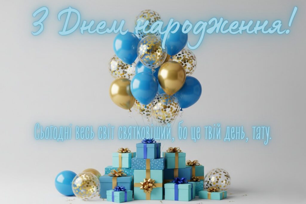 Повітряні кульки та подарунки у синьо-золотих кольорах з написом