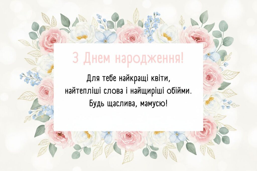 Листівка з рожево-блакитними квітами та щирими словами для мами