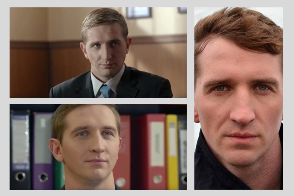 Колаж із кадрами з офісного серіалу й портретом актора Дмитра Сови