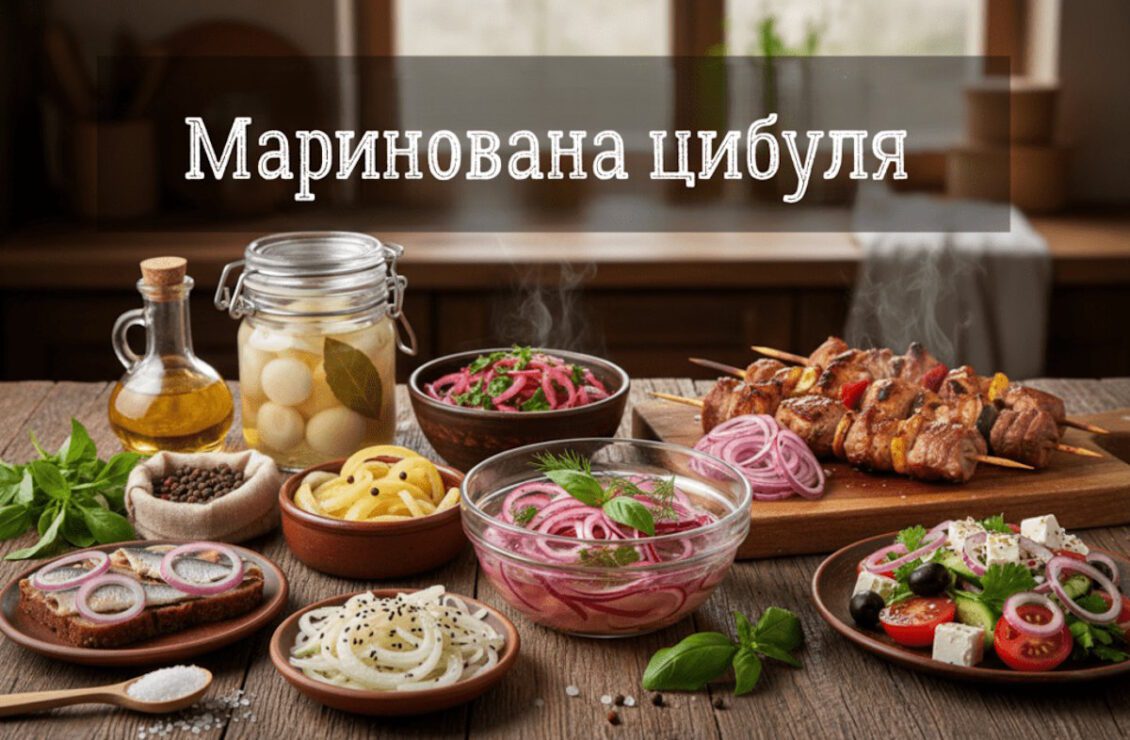 Різні страви з маринованою цибулею