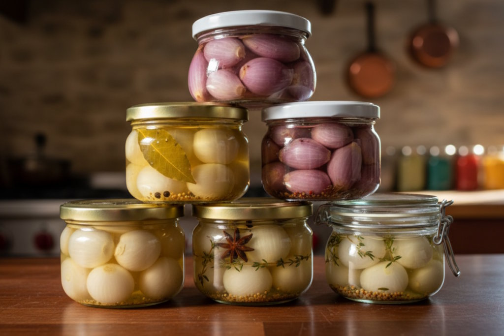 Банки з маринованою цибулею різних видів на кухонному столі