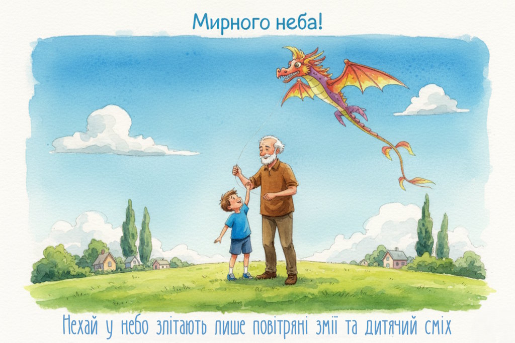 Дідусь і хлопчик запускають повітряного змія на галявині