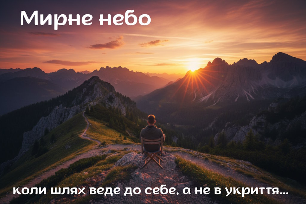 Людина сидить на гірському хребті на тлі заходу сонця на мирному небі
