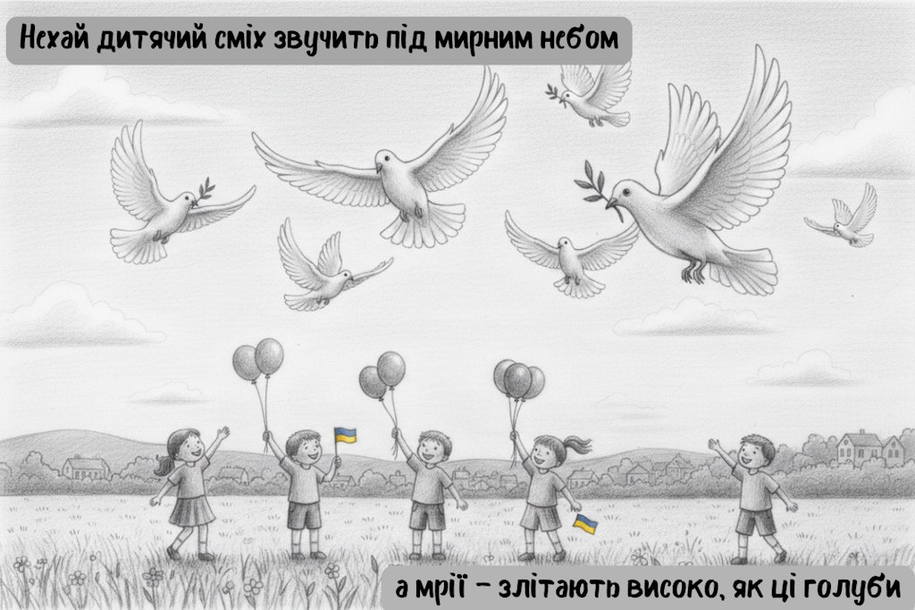 Діти тримають кульки та прапорці, а в небі летять голуби