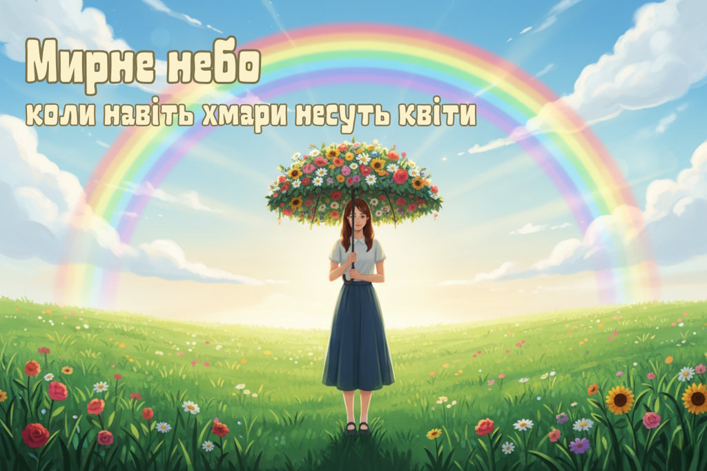 Дівчина стоїть з парасолькою з квітів під веселкою