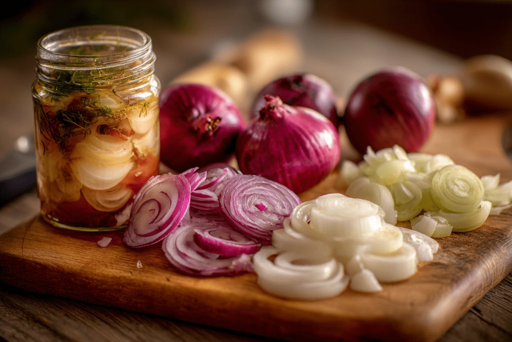 Нарізка червоної та білої цибулі поруч із банкою домашньої заготовки