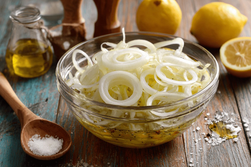 Нарізана біла цибуля в мисці для маринування