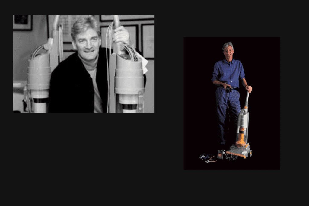 Молодий Джеймс Дайсон тримає дві моделі своїх перших пилососів